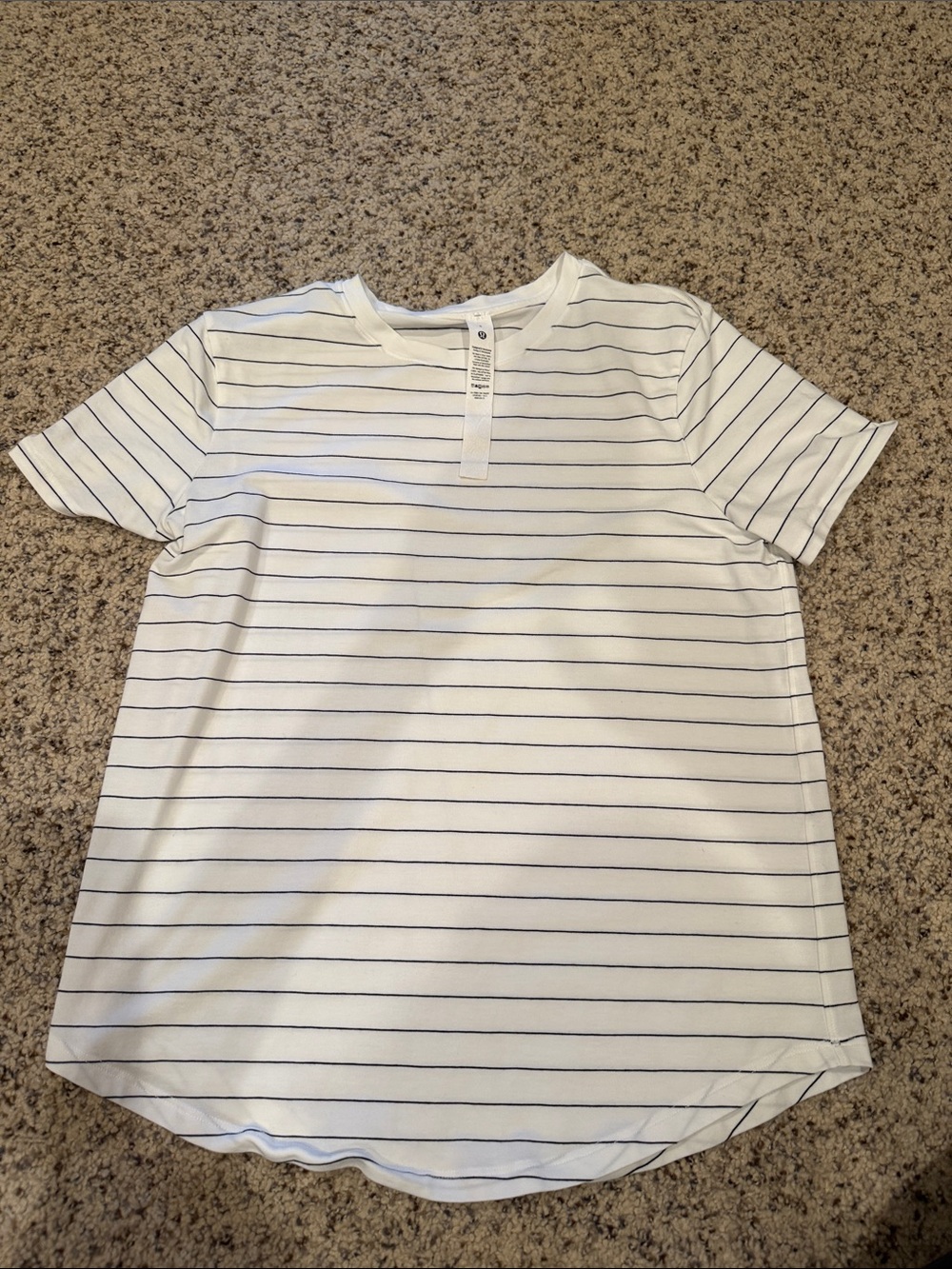 Lululemon White Tee with Thin Black Stripes